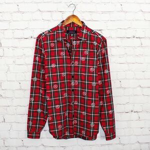 Mishka NYC Men's Eyeball Print Button up shirt Red Plaid Size Small